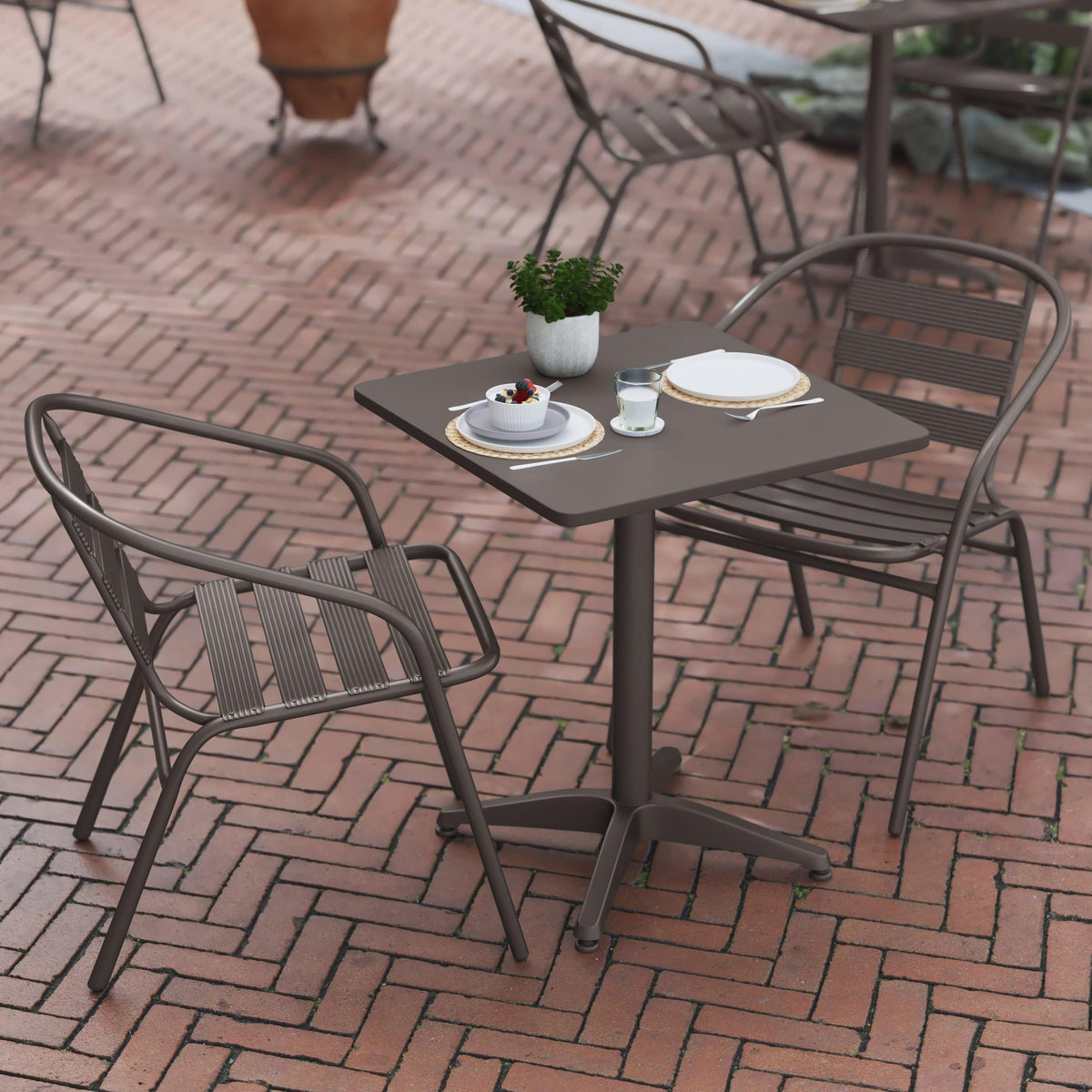 Bronze |#| Modern 23.5" Square Glass Framed Glass Table with 2 Bronze Slat Back Chairs