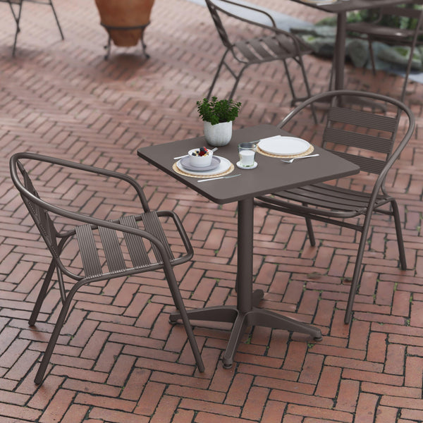 Bronze |#| Modern 23.5" Square Glass Framed Glass Table with 2 Bronze Slat Back Chairs