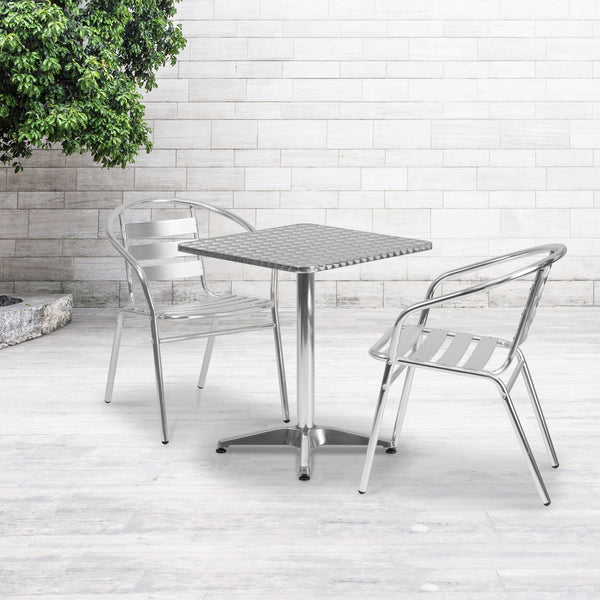 Aluminum |#| 23.5" Square Aluminum Indoor-Outdoor Table Set with 2 Slat Back Chairs