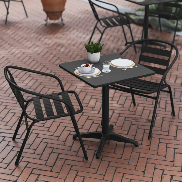 Black |#| Modern 23.5" Square Glass Framed Glass Table with 2 Black Slat Back Chairs