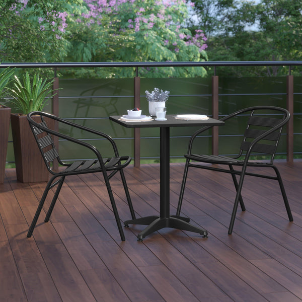 Black |#| Modern 23.5" Square Glass Framed Glass Table with 2 Black Slat Back Chairs