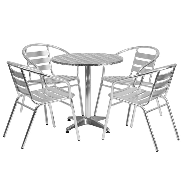 27.5inch Round Aluminum Indoor-Outdoor Table Set with 4 Slat Back Chairs