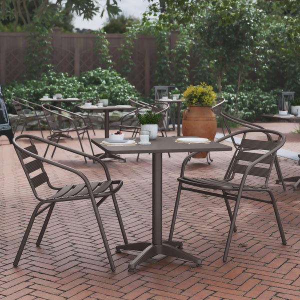 Bronze |#| Modern 27.5inch Square Glass Framed Glass Table with 2 Bronze Slat Back Chairs