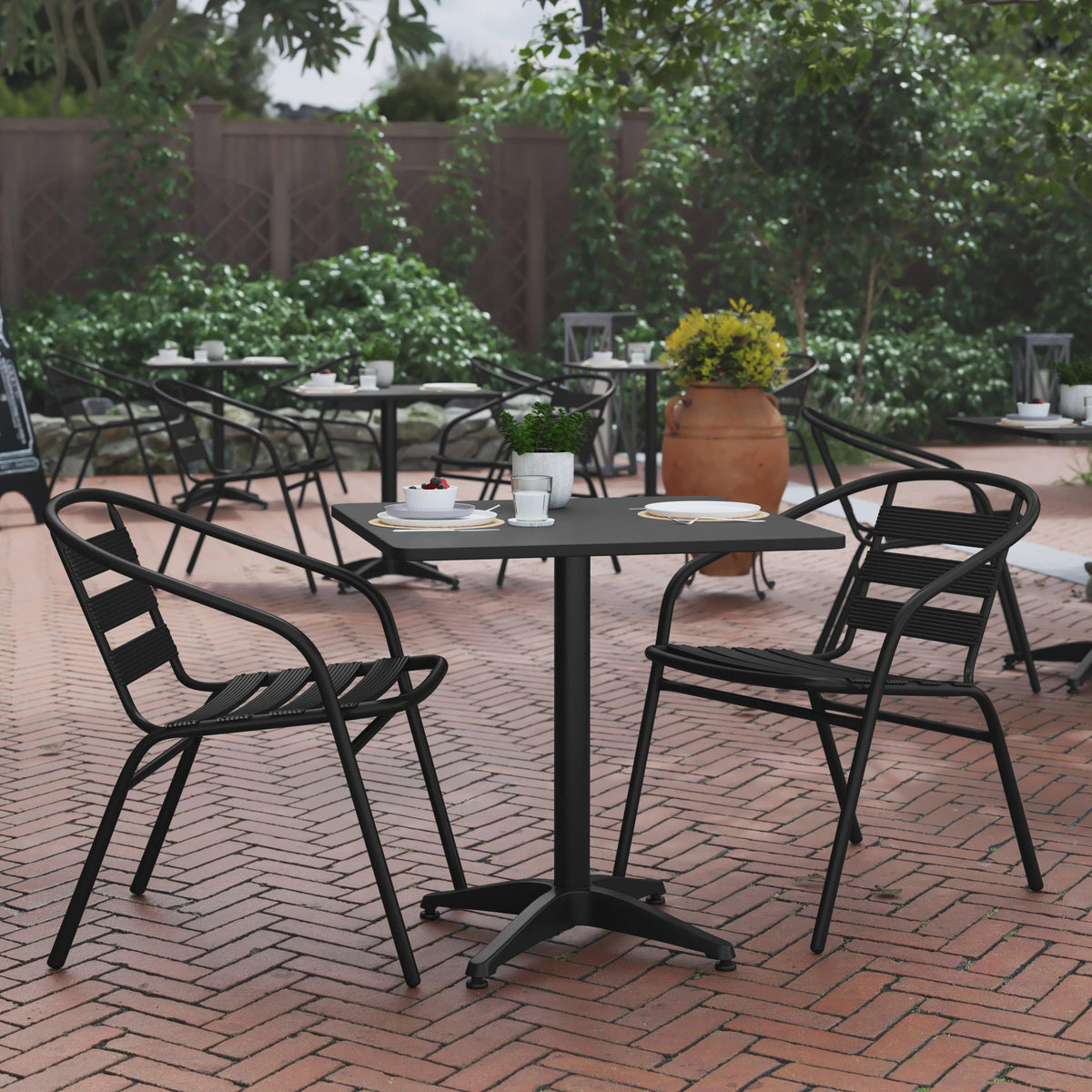 Black |#| Modern 27.5inch Square Glass Framed Glass Table with 2 Black Slat Back Chairs