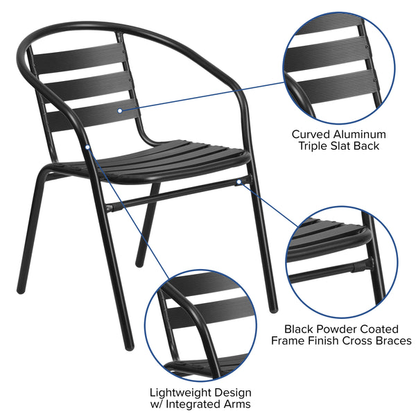 Black |#| Modern 27.5inch Square Glass Framed Glass Table with 2 Black Slat Back Chairs