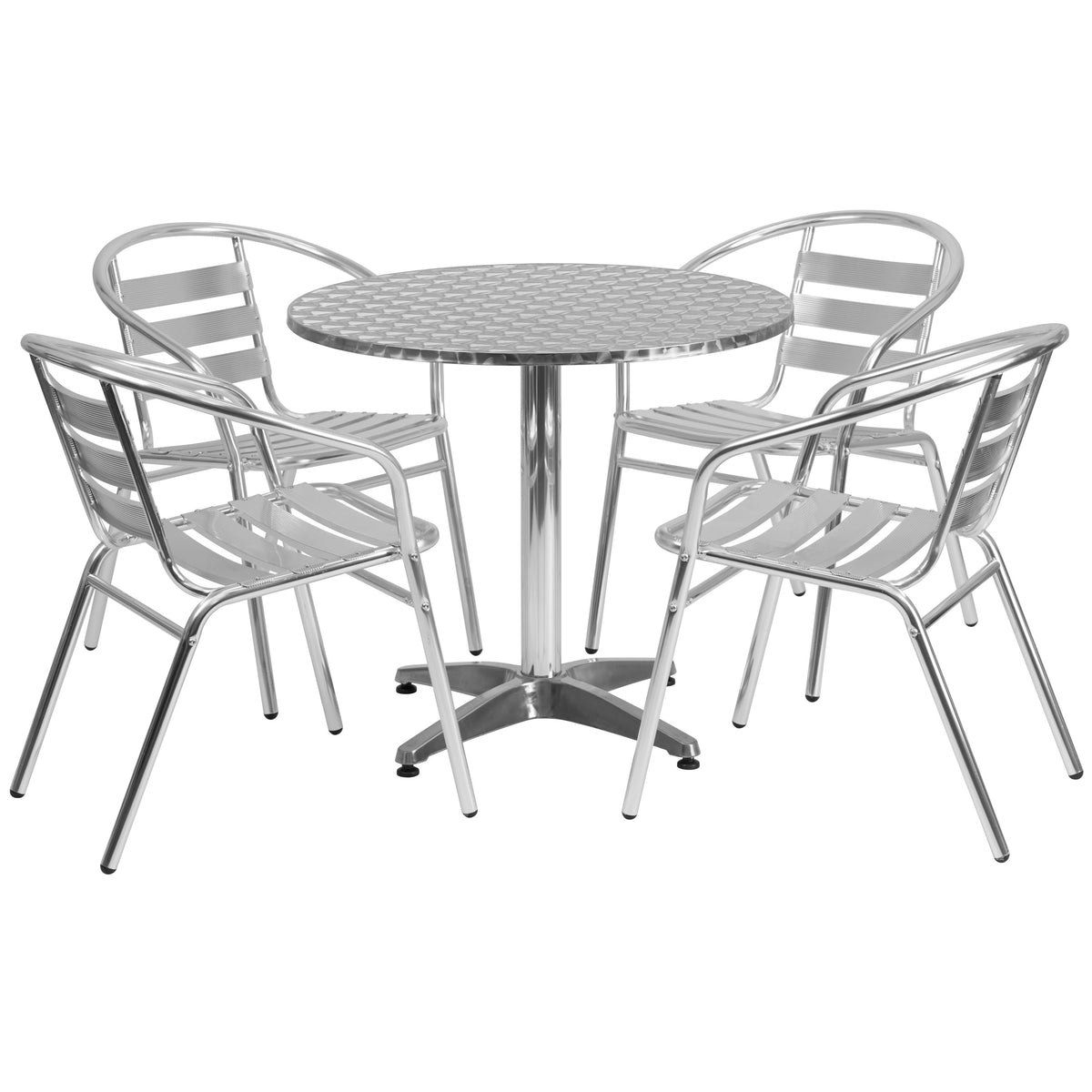 Aluminum |#| 31.5inch Round Aluminum Indoor-Outdoor Table Set with 4 Slat Back Chairs