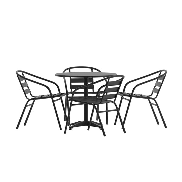 Black |#| Modern 31.5inch Round Glass Framed Glass Table with 4 Black Slat Back Chairs