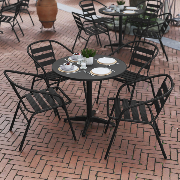 Black |#| Modern 31.5inch Round Glass Framed Glass Table with 4 Black Slat Back Chairs