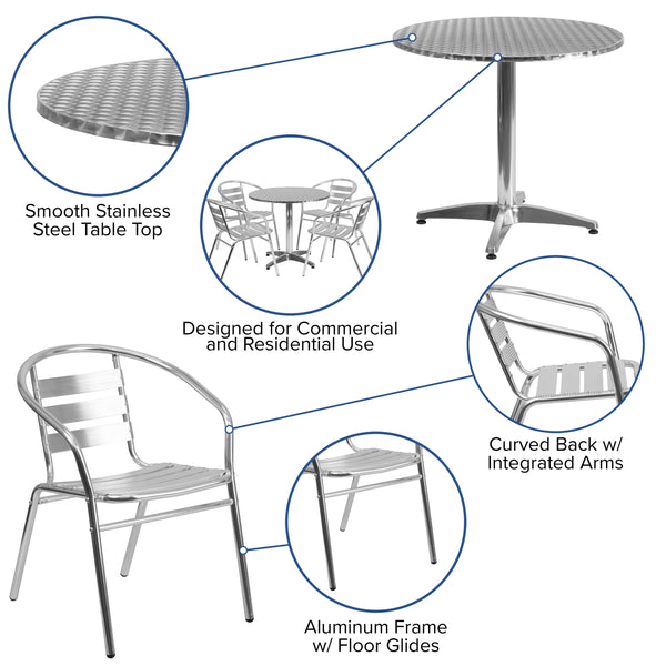 Aluminum |#| 31.5inch Round Aluminum Indoor-Outdoor Table Set with 4 Slat Back Chairs