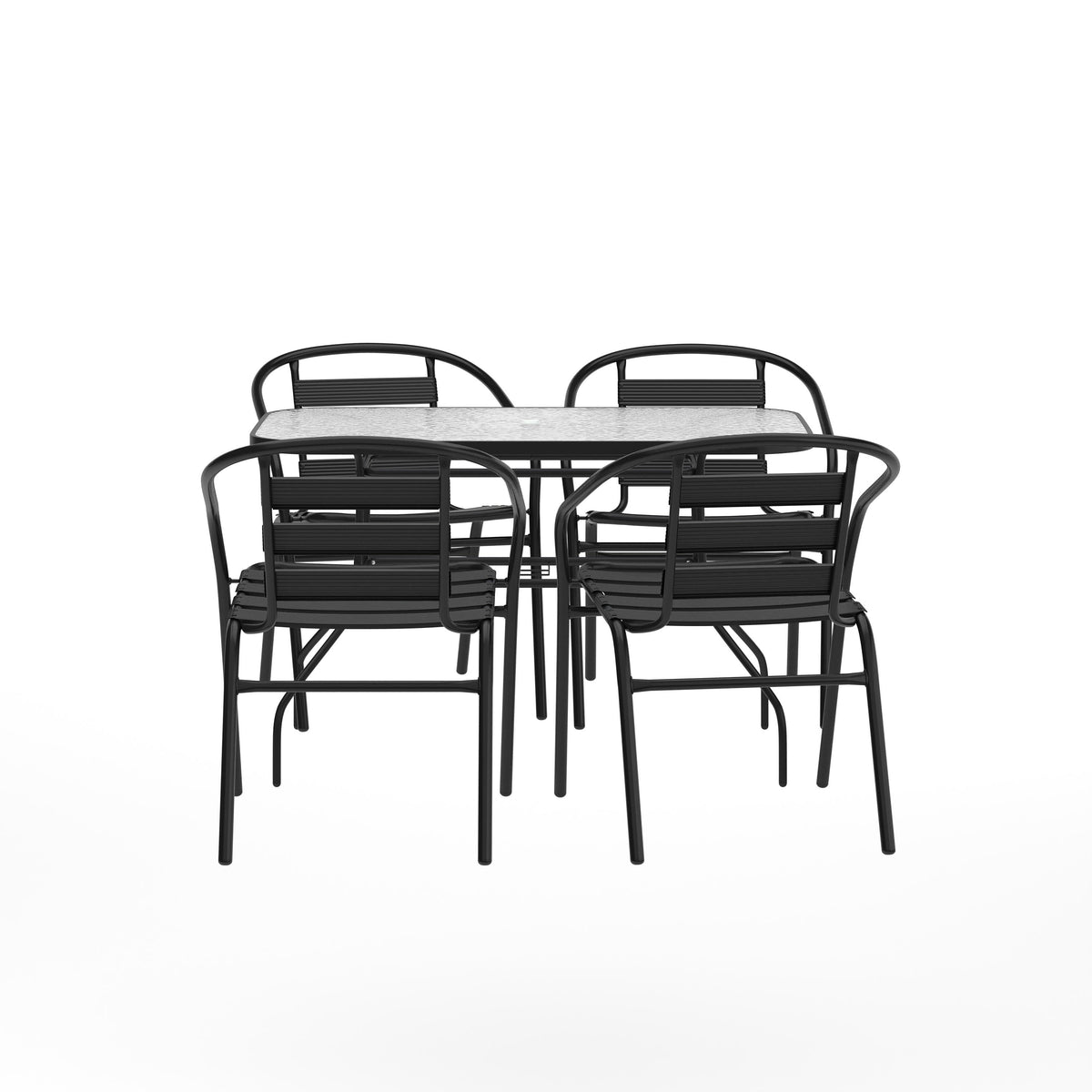 Commercial Patio Dining Set with Tempered Glass Top Table and 4 Chairs in Black