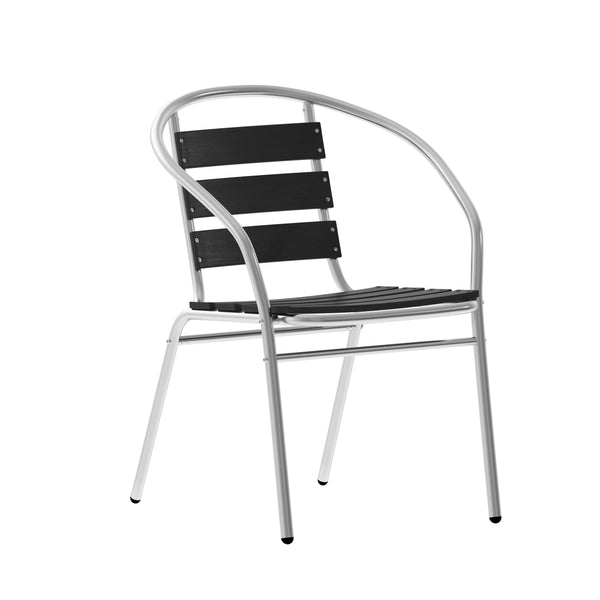 Black |#| Commercial Metal Indoor-Outdoor Stack Chair-Black Triple Slat Faux Teak Back