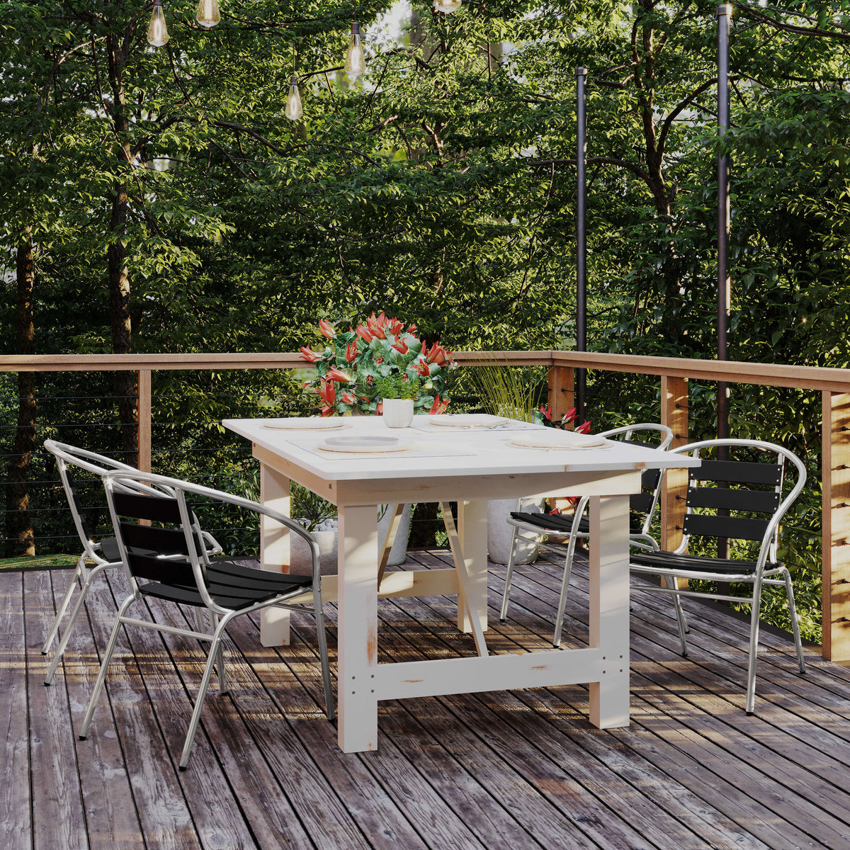 Black |#| Commercial Metal Indoor-Outdoor Stack Chair-Black Triple Slat Faux Teak Back
