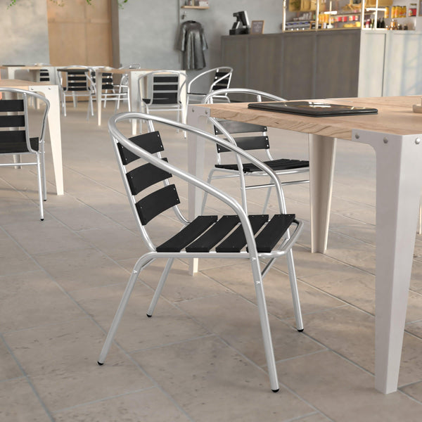 Black |#| Commercial Metal Indoor-Outdoor Stack Chair-Black Triple Slat Faux Teak Back