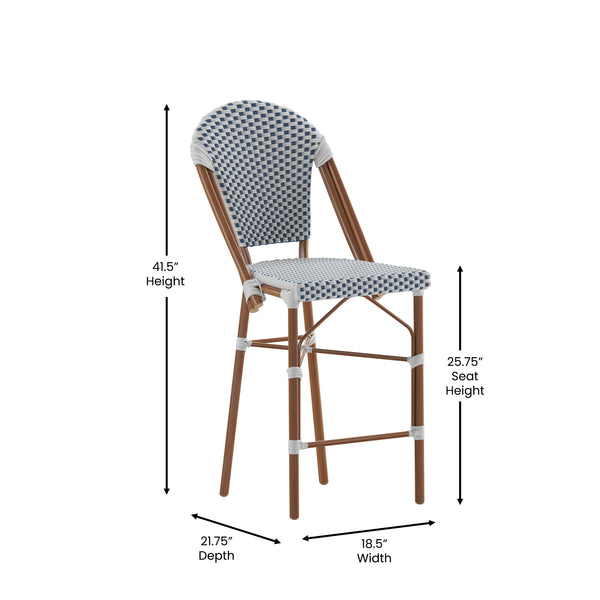 White & Navy/Natural Frame |#| All-Weather Commercial Paris Chair with Bamboo Print Metal Frame-White/Navy