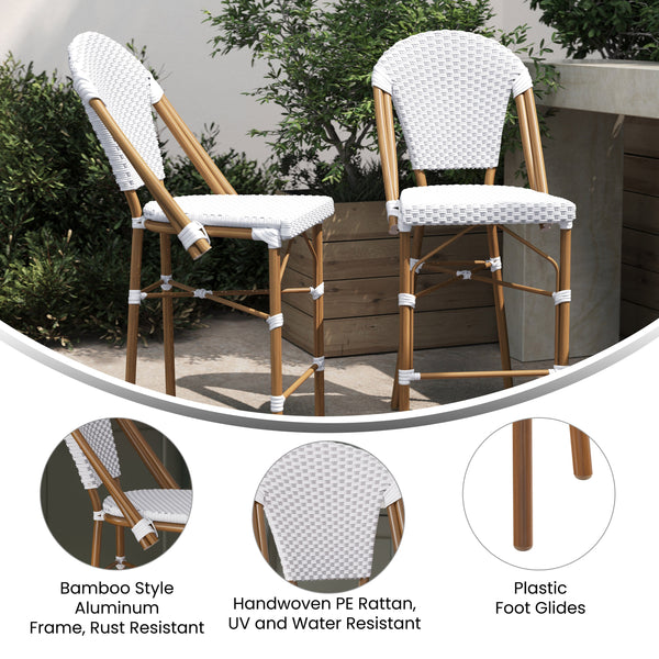 White & Gray/Natural Frame |#| All-Weather Commercial Paris 26" Stool with Bamboo Print Metal Frame-White/Gray