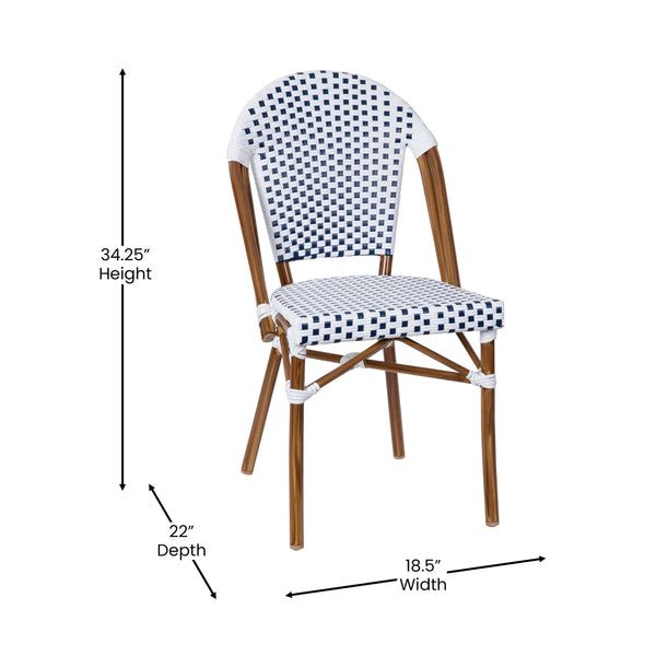 White & Navy Rattan/Natural Frame |#| Indoor/Outdoor Commercial Bistro Set with Table and 4 Chairs in Wht/Navy