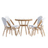 Lourdes Indoor/Outdoor Commercial French Bistro 31.5" Table, PE Rattan, Glass Top with 4 Stack Chairs