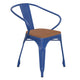 Blue/Teak |#| All-Weather Metal Stack Chair with Arms and Poly Resin Seat - Blue/Teak