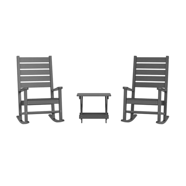 Gray |#| 3pc Commercial Indoor/Outdoor Set with 2 Rocking Chairs and End Table in Gray