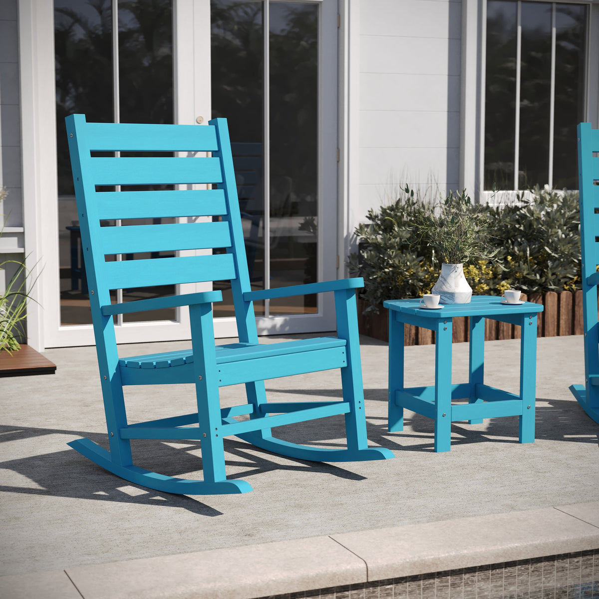 3pc Commercial Indoor/Outdoor Set with 2 Rocking Chairs and End Table in Blue