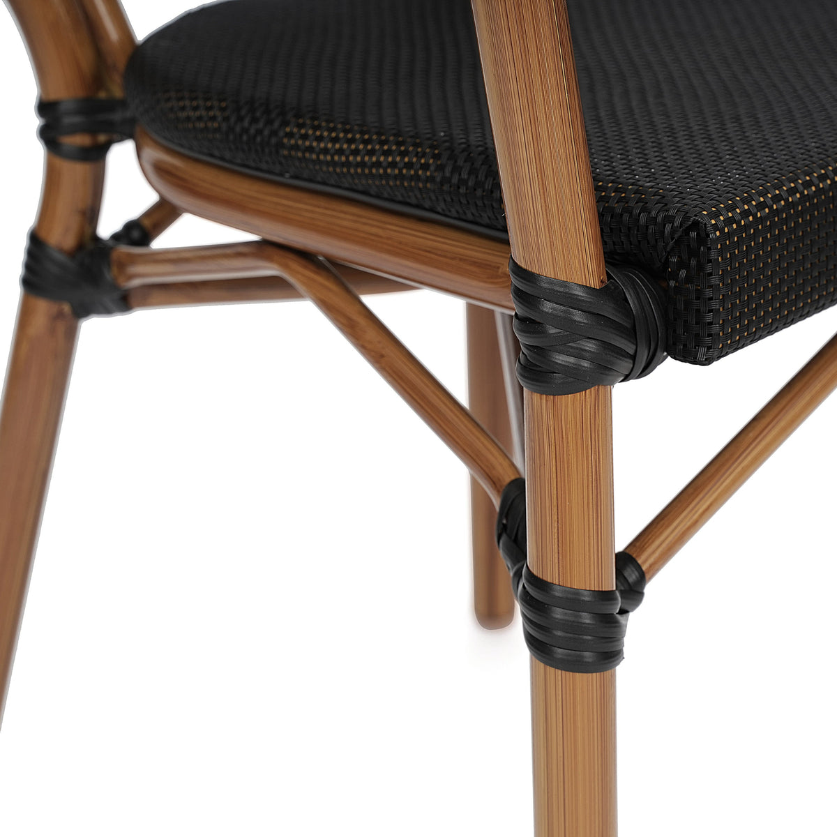 Black/Natural Frame |#| All-Weather Commercial Paris Chair with Arms and Natural Metal Frame-Black