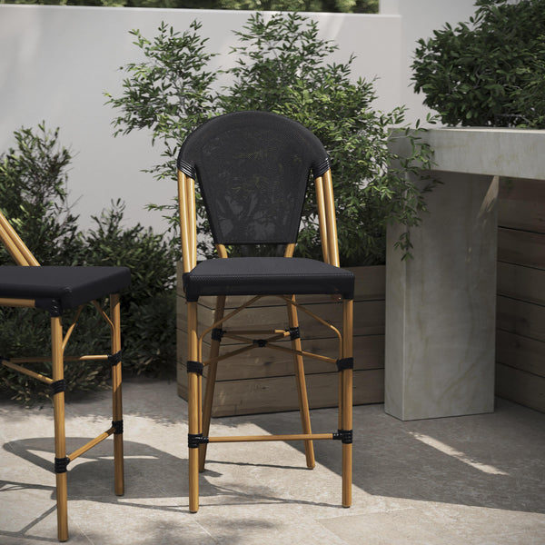 Black/Natural Frame |#| All-Weather Commercial Paris Stool with Natural Metal Frame-Black