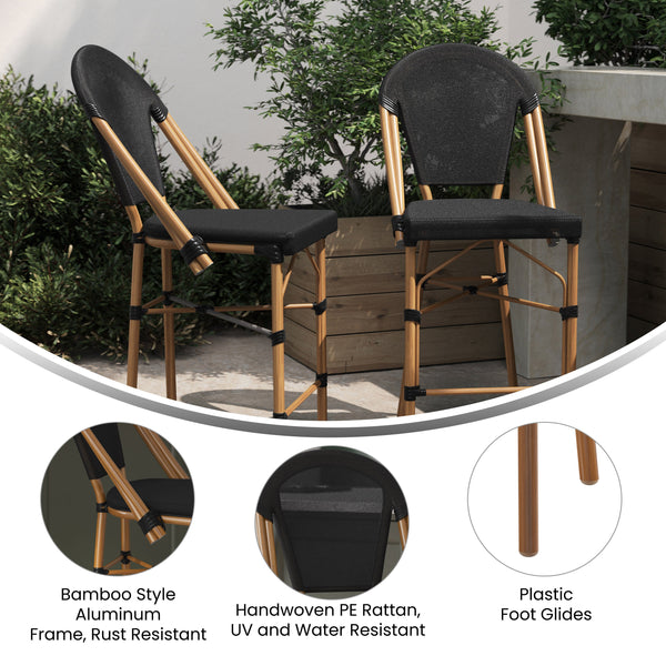Black/Natural Frame |#| All-Weather Commercial Paris Stool with Natural Metal Frame-Black