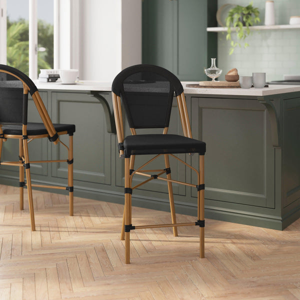 Black/Natural Frame |#| All-Weather Commercial Paris Stool with Natural Metal Frame-Black
