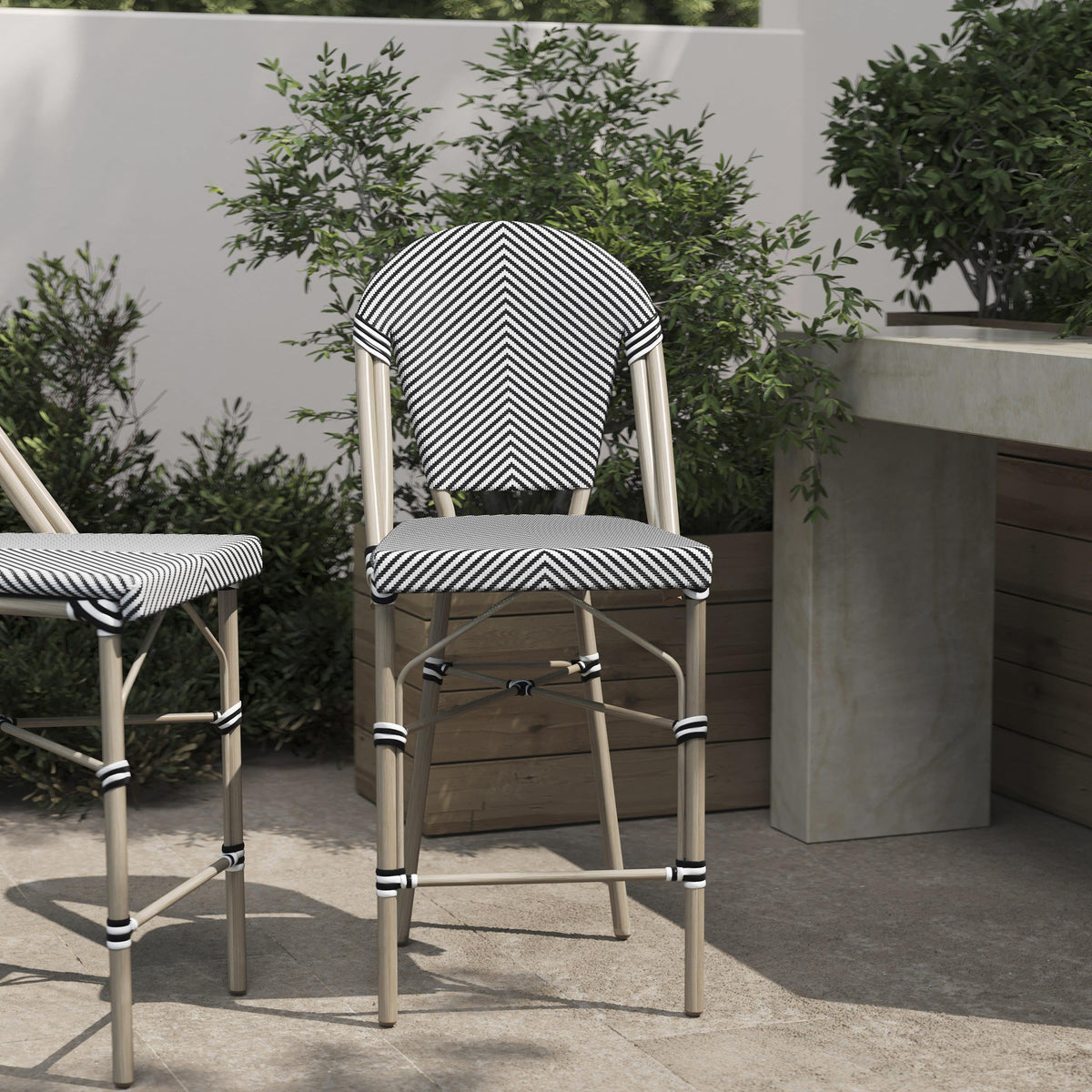 Black & White/Light Natural Frame |#| All-Weather Commercial Paris Stool with Light Natural Metal Frame-Black/White