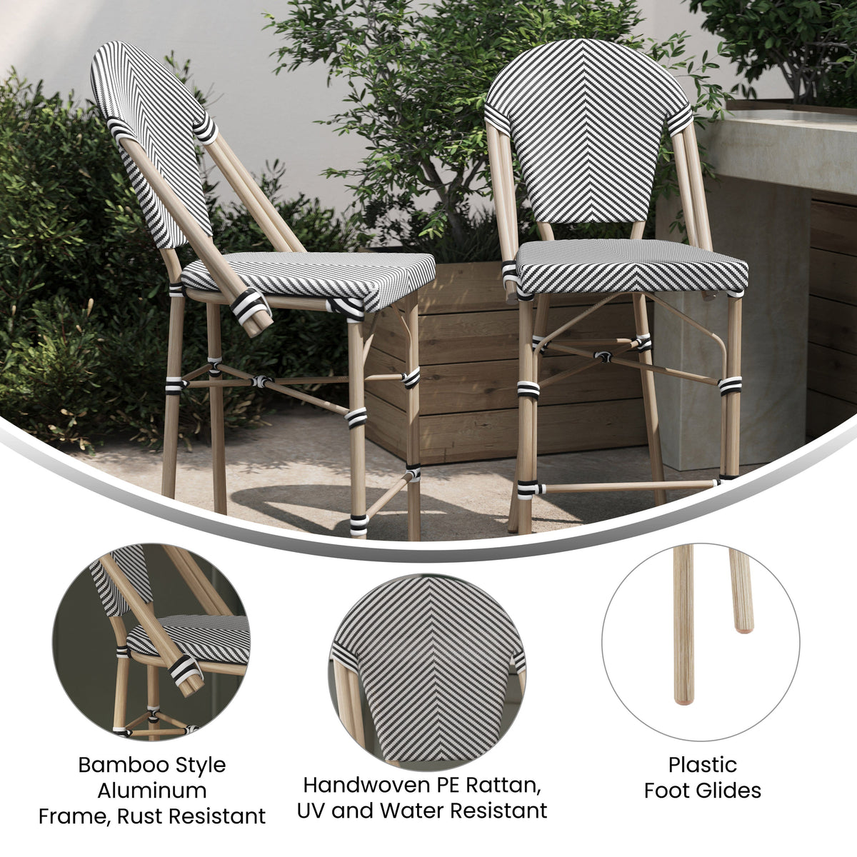 Black & White/Light Natural Frame |#| All-Weather Commercial Paris Stool with Light Natural Metal Frame-Black/White