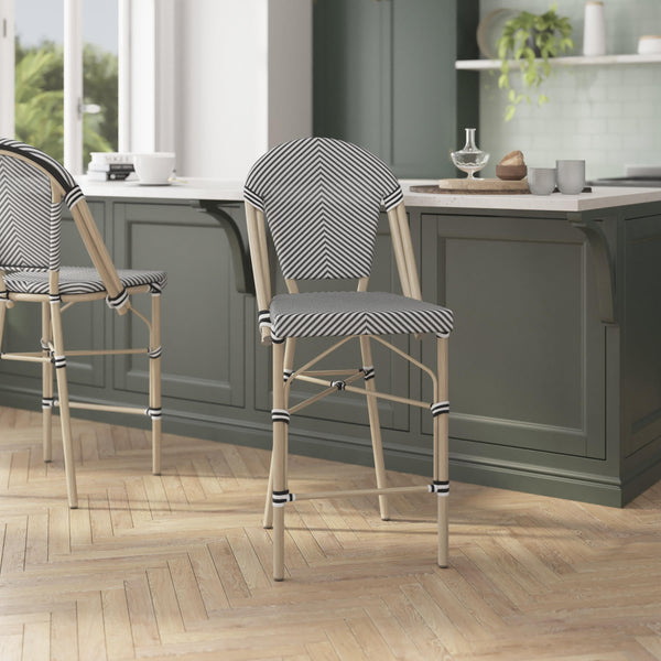 Black & White/Light Natural Frame |#| All-Weather Commercial Paris Stool with Light Natural Metal Frame-Black/White