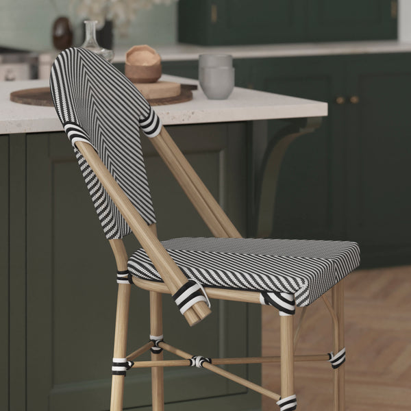 Black & White/Light Natural Frame |#| All-Weather Commercial Paris Stool with Light Natural Metal Frame-Black/White