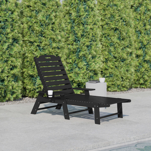 Black |#| Commercial Grade Outdoor Adjustable Lounge Chair with Cupholder - Black