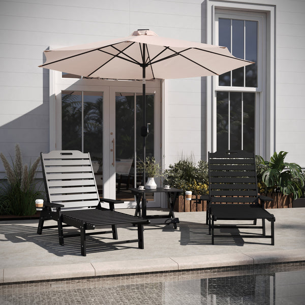 Black |#| 3pc Commercial Indoor/Outdoor Adirondack Set with 2 Loungers, Side Table - Black