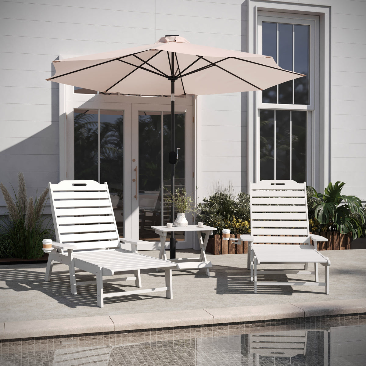 White |#| 3pc Commercial Indoor/Outdoor Adirondack Set with 2 Loungers, Side Table - White