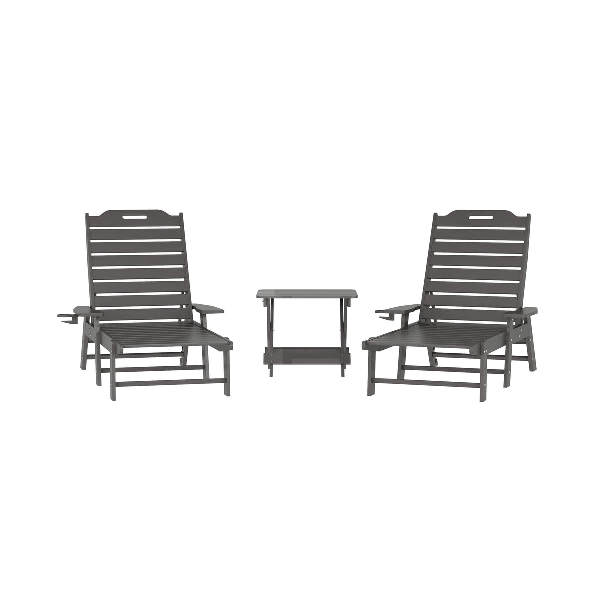 Gray |#| 3pc Commercial Indoor/Outdoor Adirondack Set with 2 Loungers, Side Table - Gray