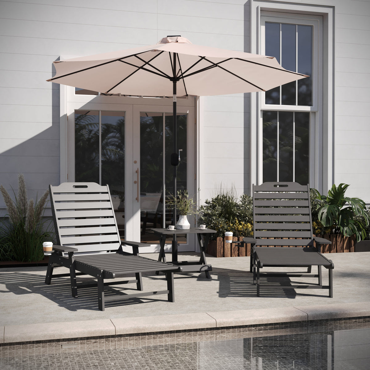 Gray |#| 3pc Commercial Indoor/Outdoor Adirondack Set with 2 Loungers, Side Table - Gray