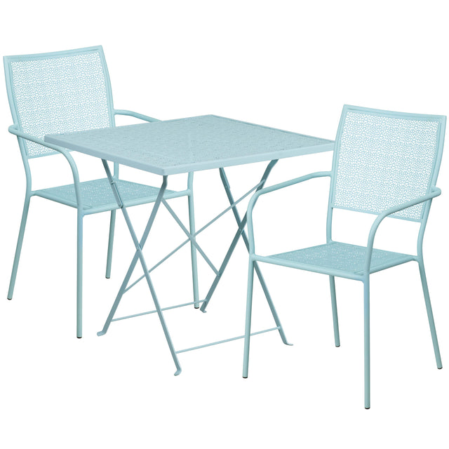 Oia Commercial Grade 28" Square Indoor-Outdoor Steel Folding Patio Table Set with 2 Square Back Chairs - View 1