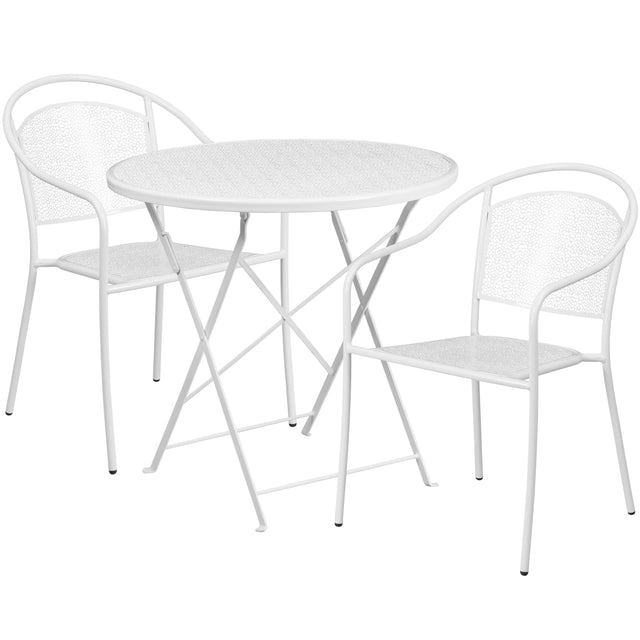 Oia Commercial Grade 30" Round Indoor-Outdoor Steel Folding Patio Table Set with 2 Round Back Chairs - View 1