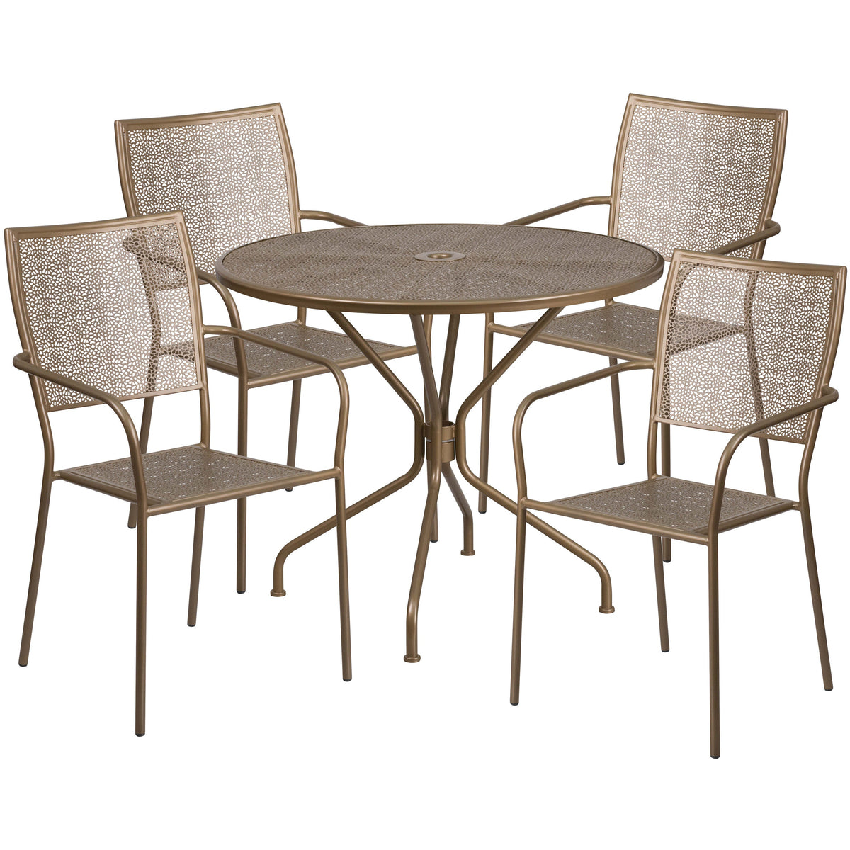 Gold |#| 35.25inch Round Gold Indoor-Outdoor Steel Patio Table Set w/ 4 Square Back Chairs