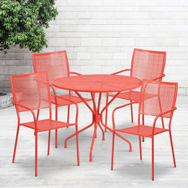 Coral |#| 35.25inch Round Coral Indoor-Outdoor Steel Patio Table Set w/ 4 Square Back Chairs