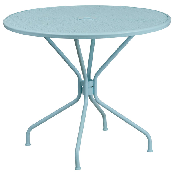 foldable patio table with umbrella hole Flash Furniture 35.25'' Round Sky Blue Indoor-Outdoor Steel Patio Table