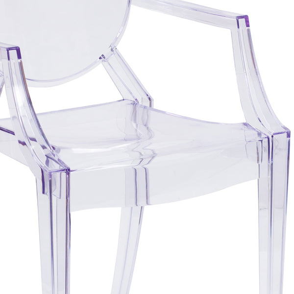 Oval Back Ghost Chair with Arms in Transparent Crystal - Stackable Side Chair