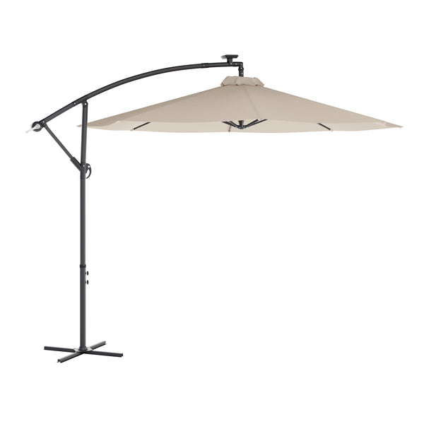 led cantilever patio umbrella Flash Furniture 10 ft. Sedona Commercial Grade Round Cantilever Umbrella with 32 Solar LED Lights Built in Cross Base & Easy Lift & Tilt Function Tan