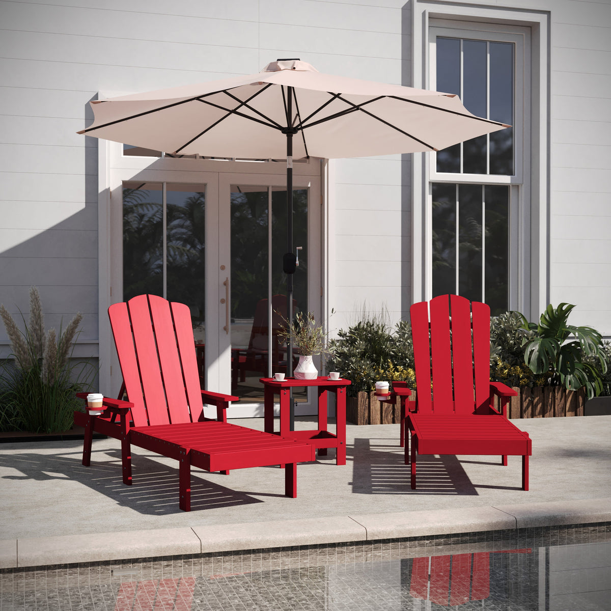 Red |#| 3pc Commercial Indoor/Outdoor Adirondack Set with 2 Loungers, Side Table in Red