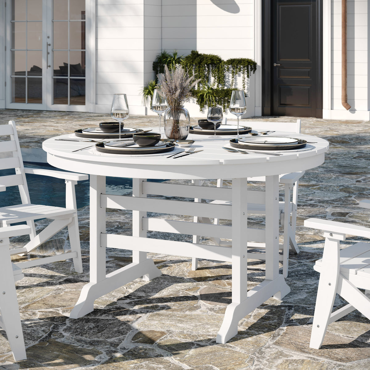 White |#| Commercial All Weather Adirondack Table and 4 Chairs with Cupholders in White