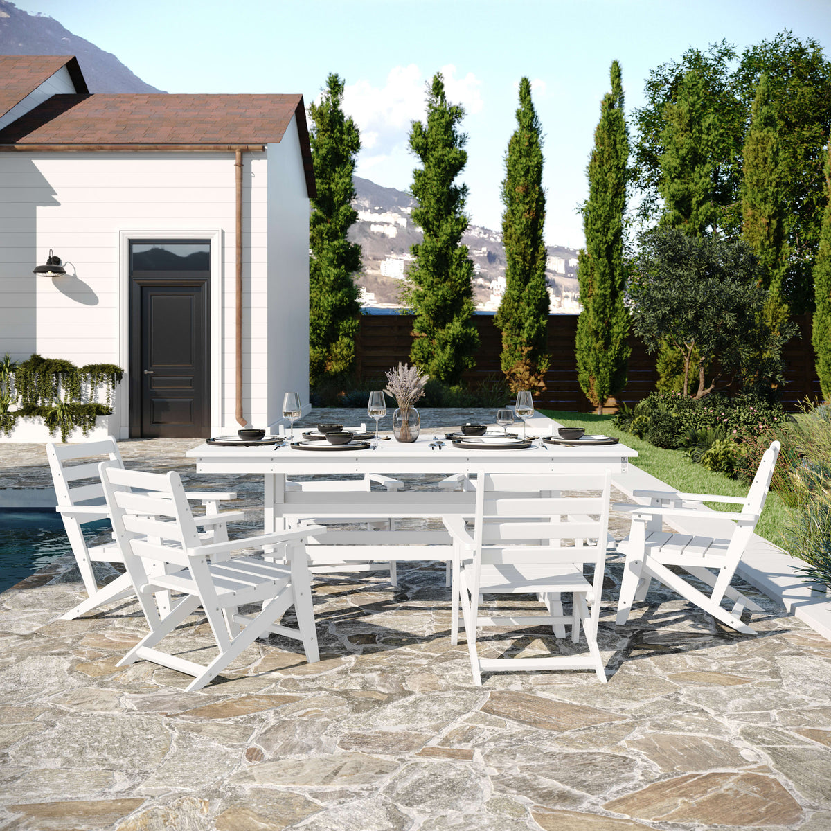 White |#| Commercial All Weather Adirondack Table and 6 Chairs with Cupholders in White