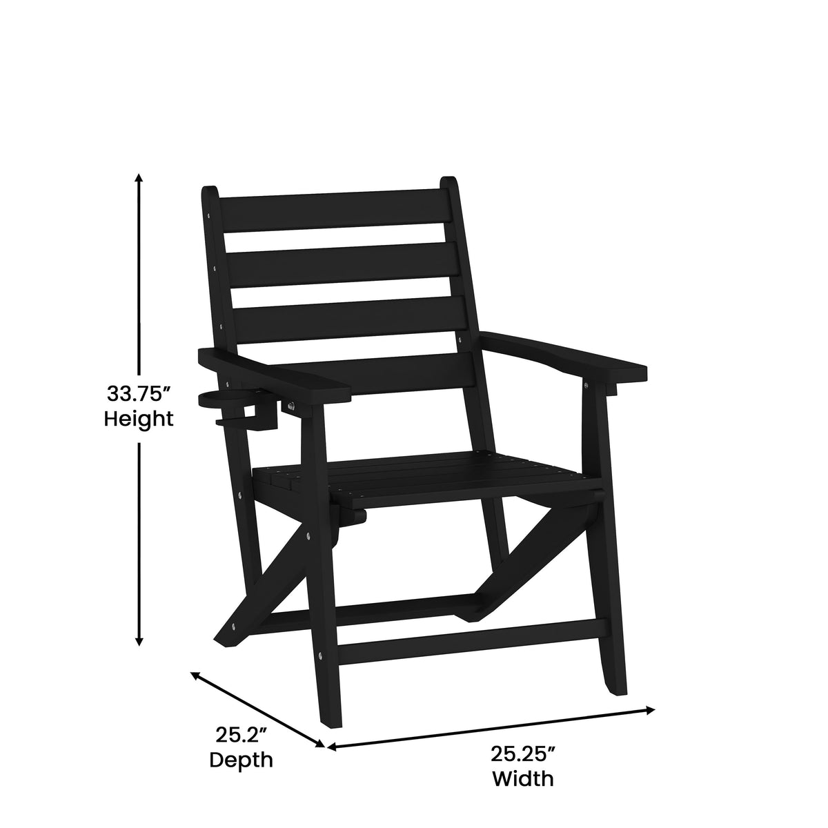 Black |#| Commercial All Weather Adirondack Table and 6 Chairs with Cupholders in Black