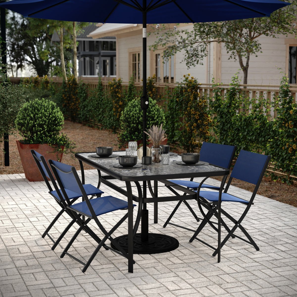 Flash Furniture Tory Commercial Grade Patio Table with Tempered Glass Top with Umbrella Hole and Steel Tube Frame, Clear Top/Black Frame