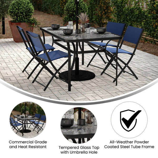 glass table patio set with umbrella Flash Furniture Tory Commercial Grade Patio Table with Tempered Glass Top with Umbrella Hole and Steel Tube Frame, Clear Top/Black Frame